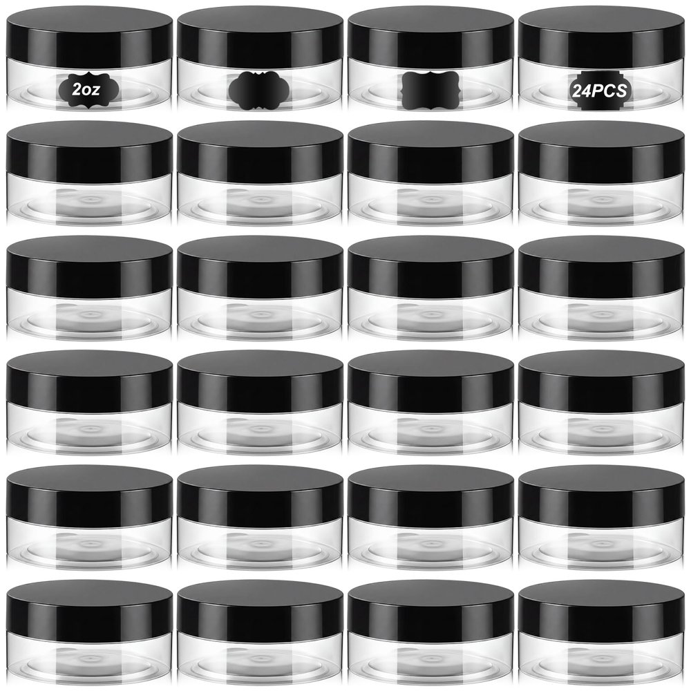 Dandat 24 Pcs 2/4/6/8/10/12oz Plastic Clear Jar Container with Black Lid and Label, Empty Round PET Cosmetic Jars for Cream, Body Butter, Balm, Salve, Travel (2oz, Clear Jar with Black Lid)