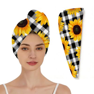 DXTKWL Hair Wrap for Women, Sunflower Plaid Absorbent Quick Dry Hair Wrap Towels with Elastic Loop, Soft Hair Towels Turban for Wet Curly Long Hair