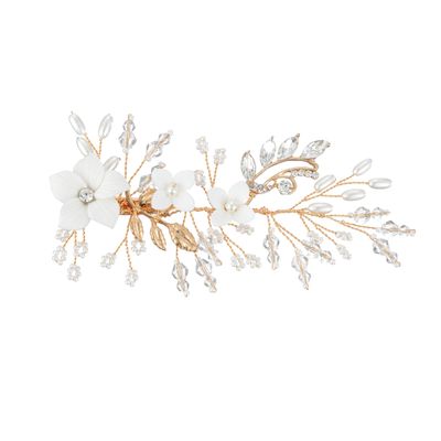 Gold Handmade White Ceramic Flower Hair Clip, Pearl Crystal Hair Piece