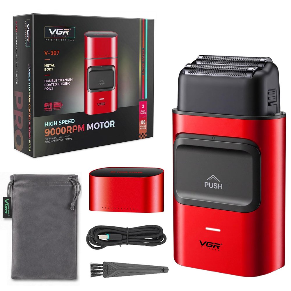 VGR 307 Double Foil Shaver for Men with 9000 RPM Metal Body, Red