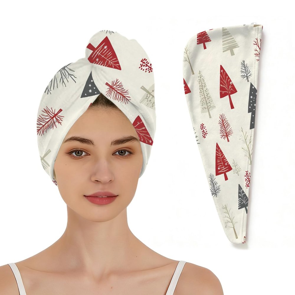 DXTKWL Hair Wrap for Women, Xmas Christmas Tree Pattern Absorbent Quick Dry Hair Wrap Towels with Elastic Loop, Soft Hair Towels Turban for Wet Curly Long Hair