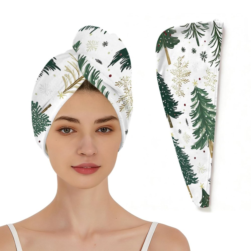 DXTKWL Hair Wrap for Women, Winter Christmas Tree Pattern Absorbent Quick Dry Hair Wrap Towels with Elastic Loop, Soft Hair Towels Turban for Wet Curly Long Hair