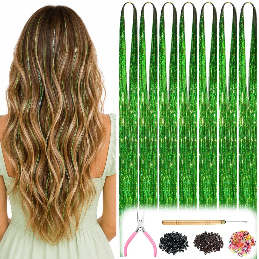 Green Hair Tinsel Kit Glitter Tinsel Hair Extensions for Girls Women