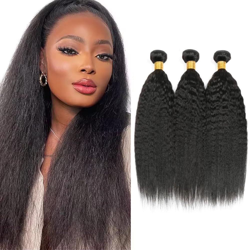 Yaki Straight Bundles Human Hair #1B Natural Black Human Hair Bundles 20 22 24 Inch SeeGovie Unprocessed Brazilian Virgin Hair Natural Color Kinky Straight Bundle Human Hair Extensions 150 Gram