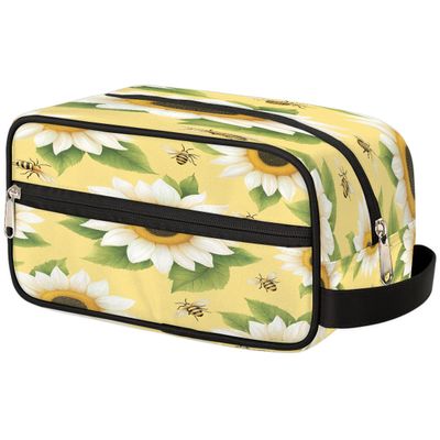 GeMeFv White Sunflowers Bees Toiletry Bag Hanging Cosmetic Bag Portable Travel Makeup Bag Large Capacity Shaving Bag