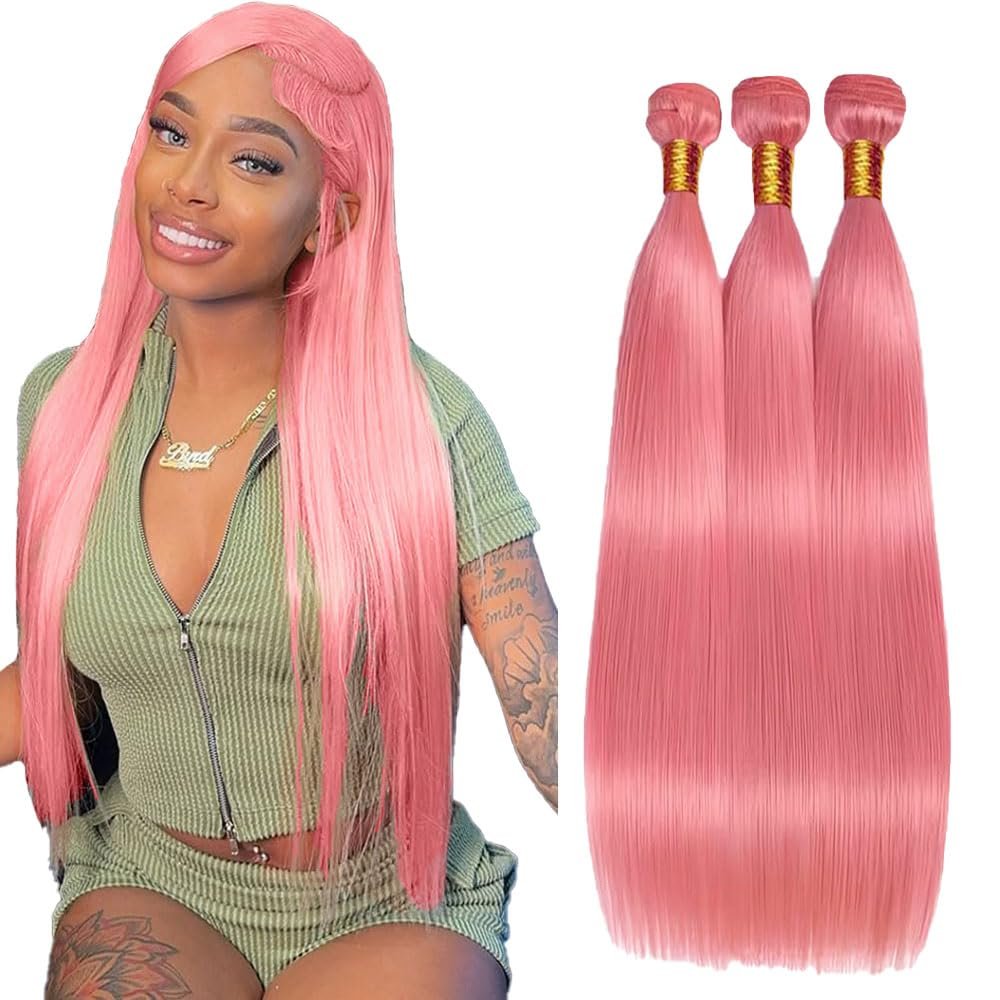 Pink Bundles Human Hair Straight 30 32 34 Inch Light Pink Bundle Human Hair Extension 3 Bundles 50 Gram Per Bundle 150g Total Double Weft Unprocessed Virgin Hair