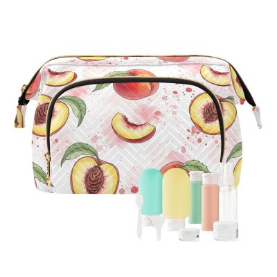 VIGTRO Peaches Whole Slices Watercolor Makeup Bag Quilted Toiletry Bag Wide Open Cosmetic Bag with Bottles Kit Large Capacity Travel Organizer Pouch for Women
