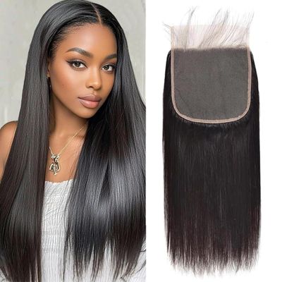 7x7 Closure Transparent Lace Closure Straighte 100% Brazilian Virgin Remy Human Hair Natural Hairline High Density 10A Pre Plucked with Baby Hair Natural Black Color 14 Inch