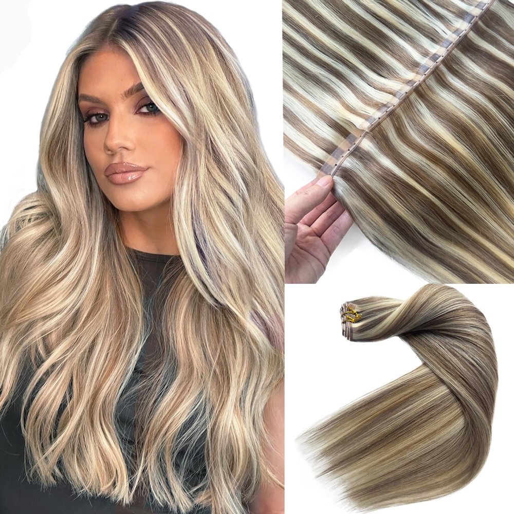 Butterfly Weft Hair Extensions Human Hair Platinum Blonde Balayage Hair Extensions Butterly Weft with Micro Beads 18 Inch 100G Ash Brown with Blonde Highlights OVO Wefts Extension Human Hair for DIY