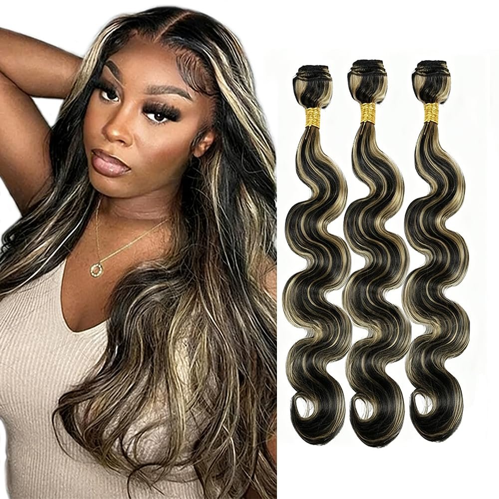 Honey Blonde Human Hair Bundles P1B27 Highlight Body Wave Bundles 22 24 26"