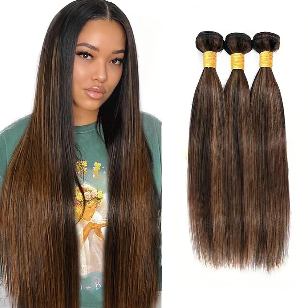 Light Brown Bundles Human Hair Highlight Straight Human Hair Bundle 22 24 26 Inch Double Weft P1B30 Ombre Bundles 150G Brazilian Virgin Remy Hair Extensions Deals