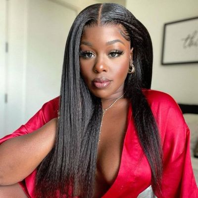 LOVFIR V Part Kinky Straight Wig Human Hair 180% Density Glueless Upgrade U Part Wig No Leave Out Yaki Straight VPart Human Hair Wigs for Women Beginner Friendly Natural Color 18 Inch