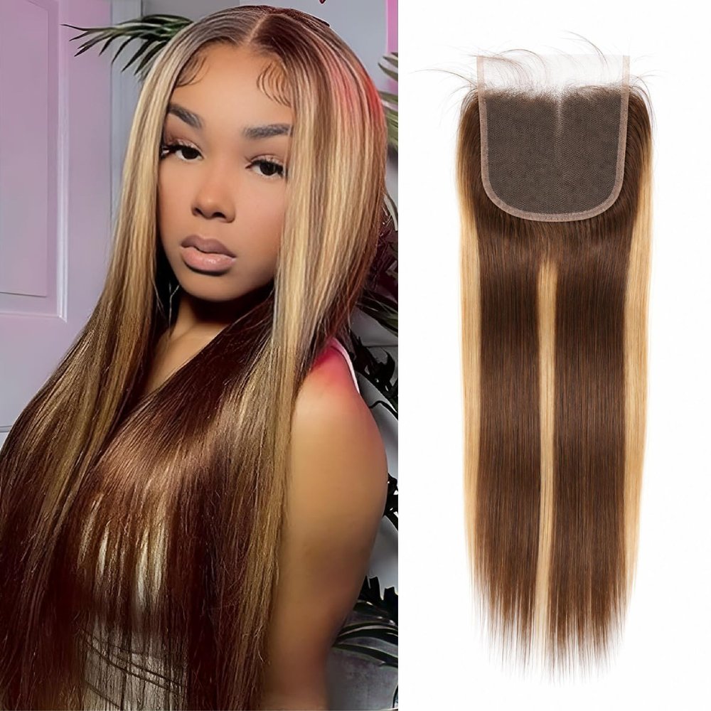 4/27 ombre Highlight Closure Human Hair P4/27 5x5 HD Transparent Lace Closure Brazilian 150% Density Straight Free Part Kim K With Baby Hair 10 Inch