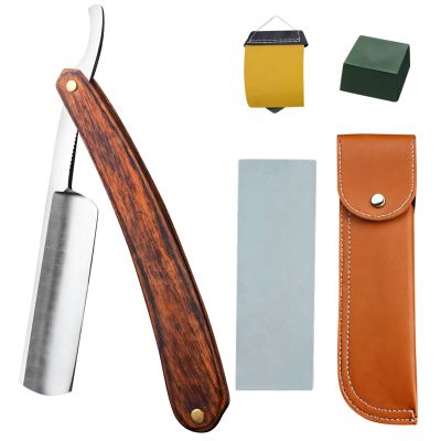 Straight Razor with Wooden Handle, Vintage Folding Shaving Knife Set with Sharp Stainless Steel Blade, Moisture-Resistant Wood, and Complete Accessories for Precision Shaving and Grooming