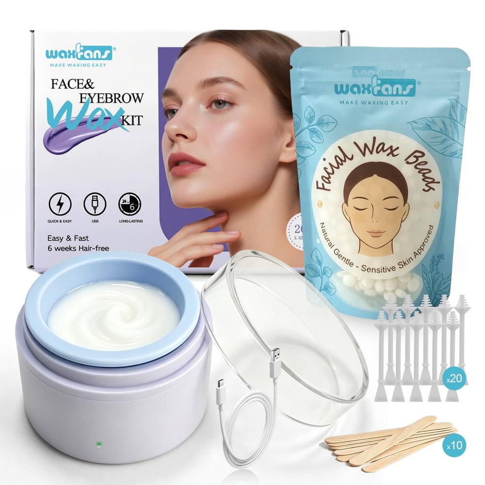 Waxfans Face Waxing Kit for Women-Eyebrow Wax Kit with USB Mini Wax Pot,Facial Hair Removal for Sensitive Skin,mini wax kit with 100g Facial wax beads,for Eyebrow Lip Bikini,6 Weeks Smooth(Purple)