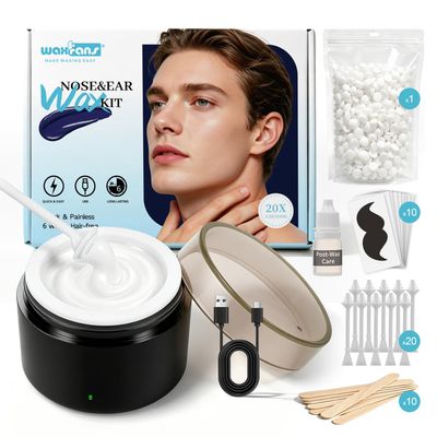 WaxFans Nose Wax Kit, Nose Hair Wax Kit for Men's Nose, Ear & Eyebrow, Mini Wax Pot with 100g Wax Beads & 20 Nose Wax Sticks, USB Powered Portable Facial Hard Wax Warmer for Ear Hair Removal