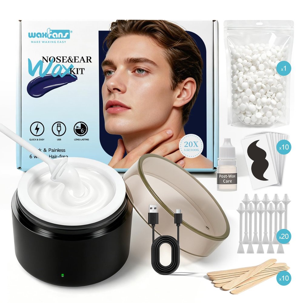 WaxFans Nose Wax Kit, Nose Hair Wax Kit for Men's Nose, Ear & Eyebrow, Mini Wax Pot with 100g Wax Beads & 20 Nose Wax Sticks, USB Powered Portable Facial Hard Wax Warmer for Ear Hair Removal