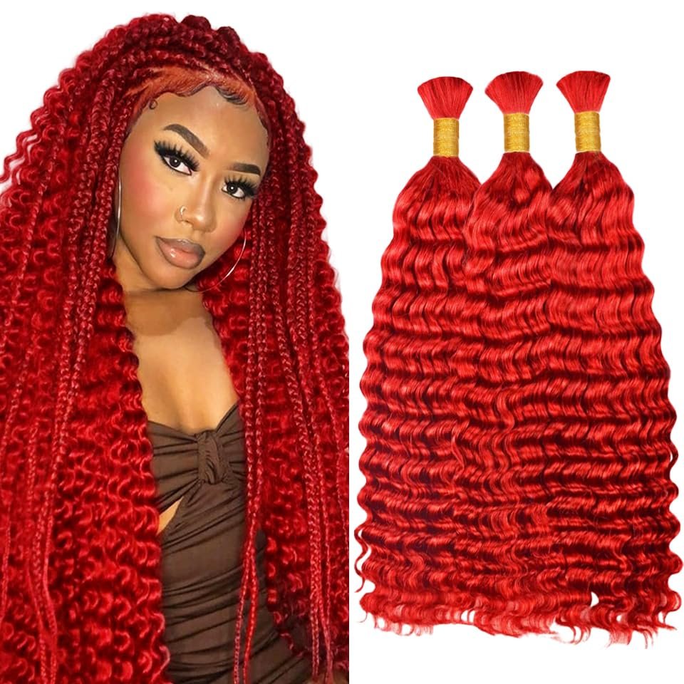 Red Braiding Hair Deep Wave Bulk Red Boho Human Hair 24 24 24 Inch Deep Curly Burgundy Human Braiding Hair Extensions for Woman