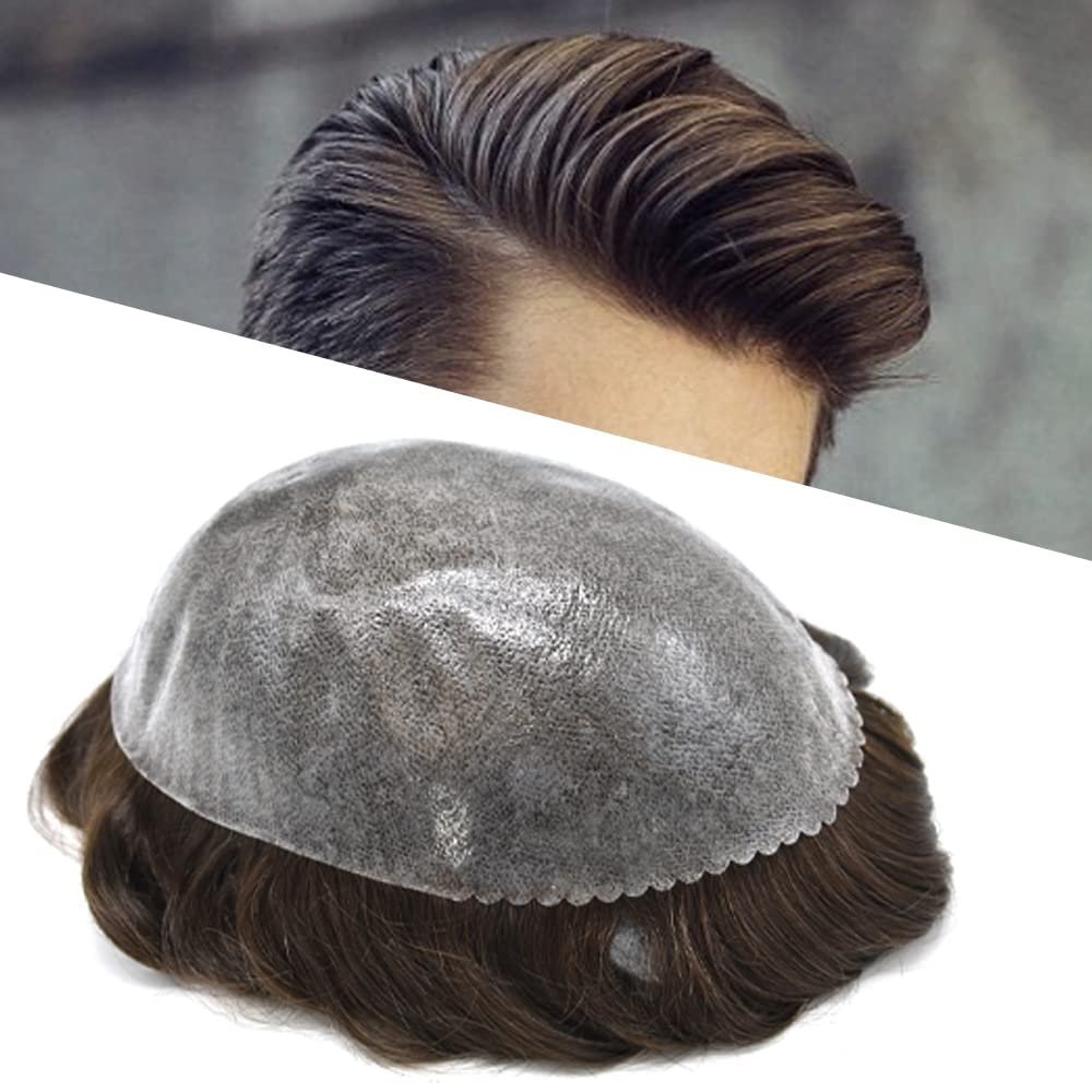 Mens Toupee Human Hair Toupee For Men Thin Skin PU Injection Hair Replacement System Hair Pieces Hair System PU Base Hair Units Wig For Men 7''X9''120% Density- 3# Dark Brown