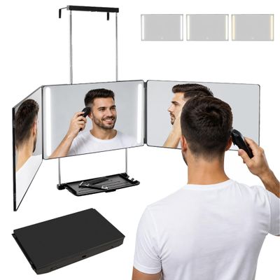LADETTO 3 Way Mirror with Lights & Shelf for Self Hair Cutting Rechargeable