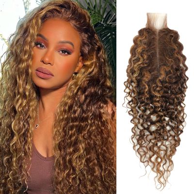ALHER Water Wave #P4/27 Highlight 2x6 Lace Closure 18 Inch, Honey Blonde Ombre Brown and Blond Wet and Wavy 2x6 Kim K Lace Closure Pre Plucked With Baby Hair, #P4/27 Color 100% Real Human Hair Closure