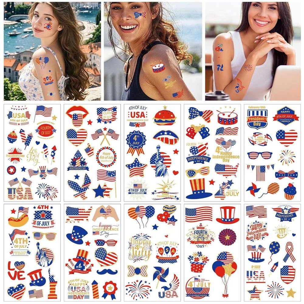 120PCS 4th of July Temporary Tattoos, Gold Fourth of July Tattoos Temporary Individual, American Flag Patriotic Red White and Blue, USA Glow Party Favors for Independence Day, Memorial Day, Labor Day
