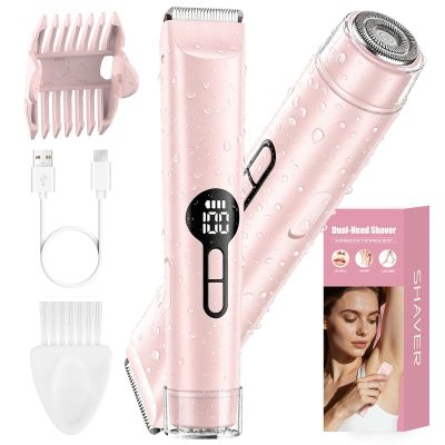 QLWQ Bikini Trimmer for Women, 2-in-1 Electric Razor & Body Shaver, IPX7 Waterproof Lady Shaver with LED Display, USB Rechargeable Hair Remover for Bikini Area, Legs, Underarms & Face, Pink