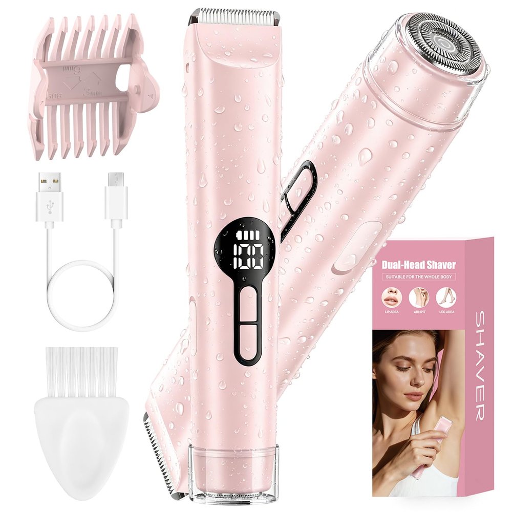 QLWQ Bikini Trimmer for Women, 2-in-1 Electric Razor & Body Shaver, IPX7 Waterproof Lady Shaver with LED Display, USB Rechargeable Hair Remover for Bikini Area, Legs, Underarms & Face, Pink
