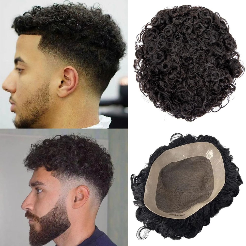 Ehairc Toupee for Men Mono Lace with PU Around Kinky Curly Human Hair System Mens Wig Male Hair Replacement Mens Toupee (15mm 1BNatural Black6 * 8)
