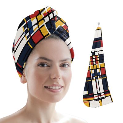 HomeDecorArt Yellow Red Blue Geometric Microfiber Wrap Ultra Absorbent Hair Towel, Modern Color Block Abstract Art with Buttons Hair Cap Drying Towel Turban Bath Hair Wrap for Woman 26x10in