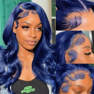 Suresen Blue 13x4 Lace Front Wigs Human Hair 20 Inch 180% Density Body Wave HD Lace Front Human Hair Wig Pre Plucked Dark Blue Colored Lace Frontal Wig for Women