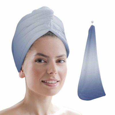 HomeDecorArt Navy Blue Ombre Microfiber Wrap Ultra Absorbent Hair Towel, Modern Gradient Abstract Art with Buttons Hair Cap Drying Towel Turban Bath Hair Wrap for Woman 26x10in