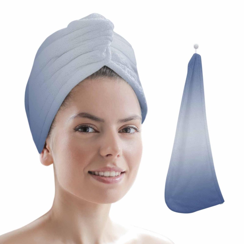 HomeDecorArt Navy Blue Ombre Microfiber Wrap Ultra Absorbent Hair Towel, Modern Gradient Abstract Art with Buttons Hair Cap Drying Towel Turban Bath Hair Wrap for Woman 26x10in