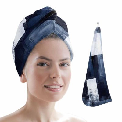 HomeDecorArt Blue White Microfiber Wrap Ultra Absorbent Hair Towel, Abstract Graffiti Graffiti Art Paint with Buttons Hair Cap Drying Towel Turban Bath Hair Wrap for Woman 26x10in