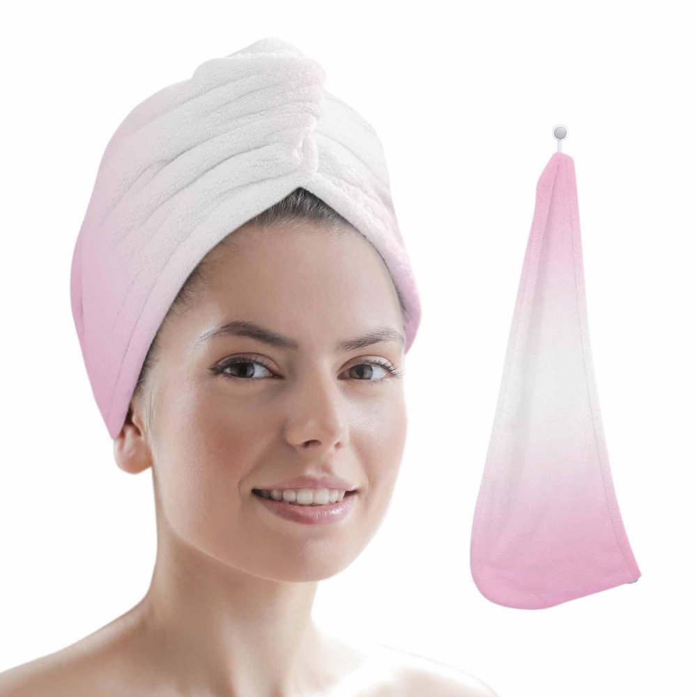 HomeDecorArt Pink Ombre Microfiber Wrap Ultra Absorbent Hair Towel, Pink White Gradient Modern Abstract Art with Buttons Hair Cap Drying Towel Turban Bath Hair Wrap for Woman 26x10in