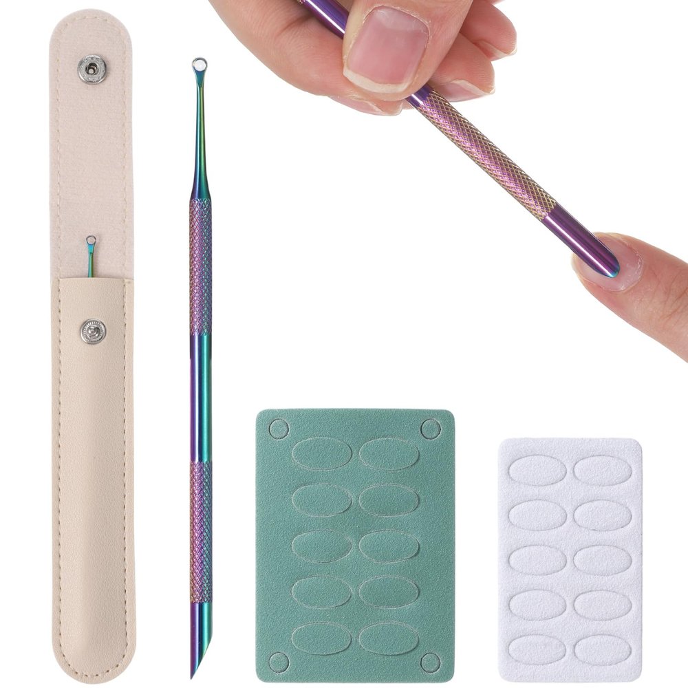 4 Pcs Double Head Cuticles Remover Pusher Cuticle Scraper Pre-treatment Cuticle Pusher with Loop Stainless Steel Cuticles Nail Tool with 100#/240# Grit Nail Files and 1p Storage Bags
