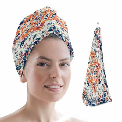 HomeDecorArt Boho Orange Blue Microfiber Wrap Ultra Absorbent Hair Towel, Ethnic Vintage Geometric Art Boho with Buttons Hair Cap Drying Towel Turban Bath Hair Wrap for Woman 26x10in