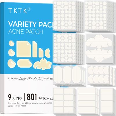 TKTK 801 Count Pimple Patches Variety Pack for Face & Back, Hydrocolloid Acne Patch Bulk, All-in-One Combo Acne Pack for Body, Covering Blemishes Zit Breakouts for All Skin Types (7 Shapes, 9 Sizes)