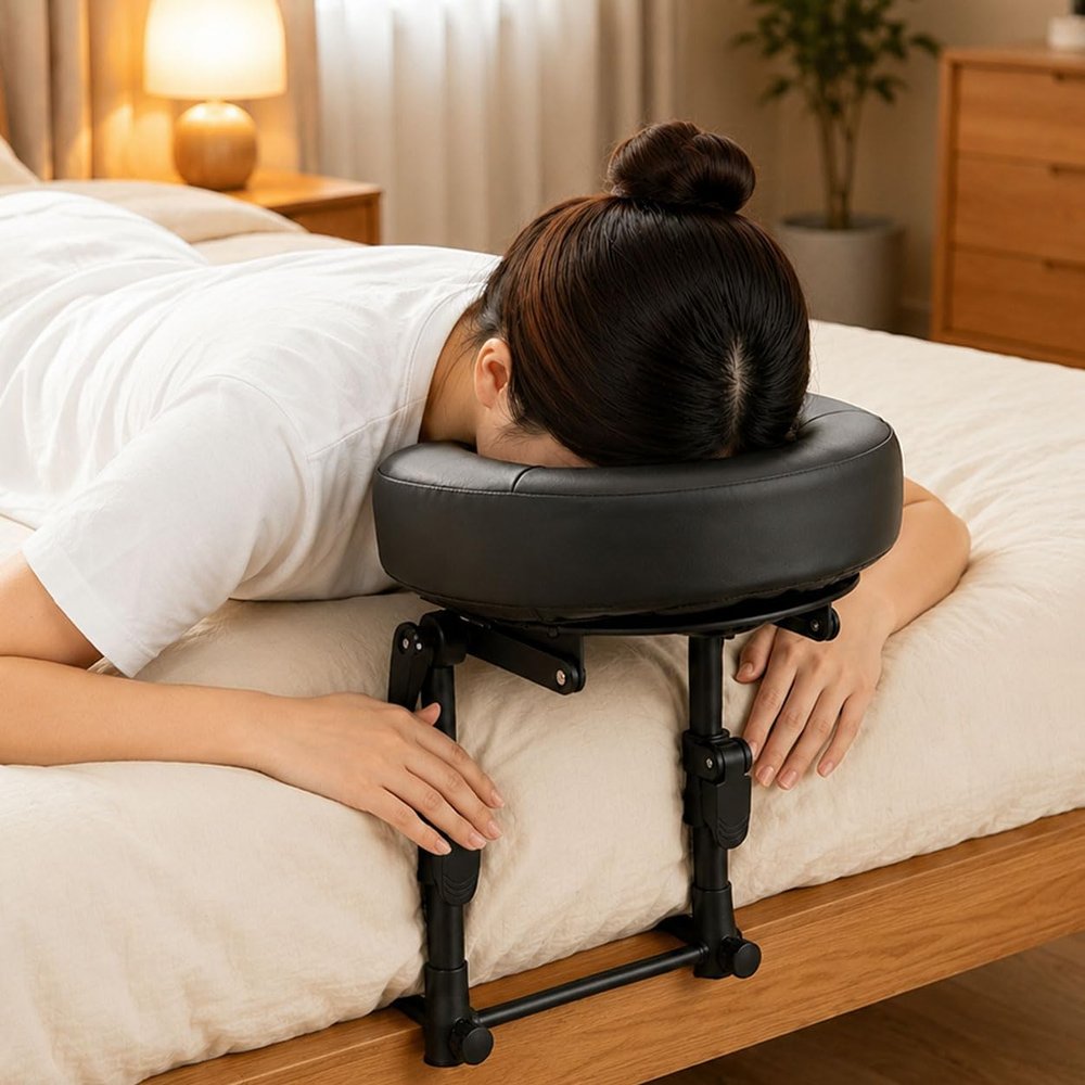 AquaLume Massage Headrest for Bed, Sturdy Bed Massage Head Holder for Thick Mattresses, Adjustable Face Down Pillow for Post-Eye-Surgery Comfort & Home Spa, PU Leather Memory Foam Face Cradle