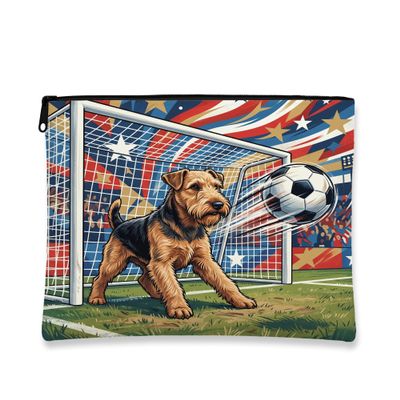 Soccer Lakeland Terrier Dog Makeup Bag, Football Funny Sports Cosmetic Travel Pouch for Women Girls, Portable Small Canvas Zipper Organizer, Pet Toiletry Bag 7x9 Inch