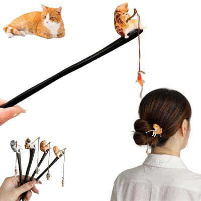 Cat Fishing Hair Stick, Wooden Hairpin with Fishing Cats (#D)