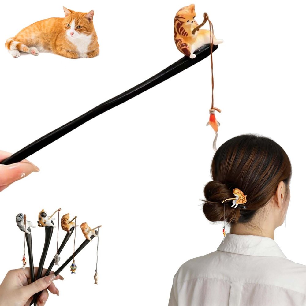 Cat Fishing Hair Stick, Wooden Hairpin with Fishing Cats (#D)