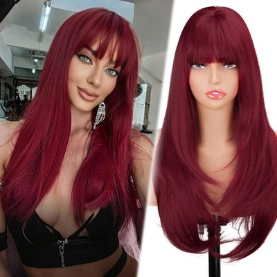 Sangtok Long Burgundy Layered Wig with Bangs for Women, 26 Inch