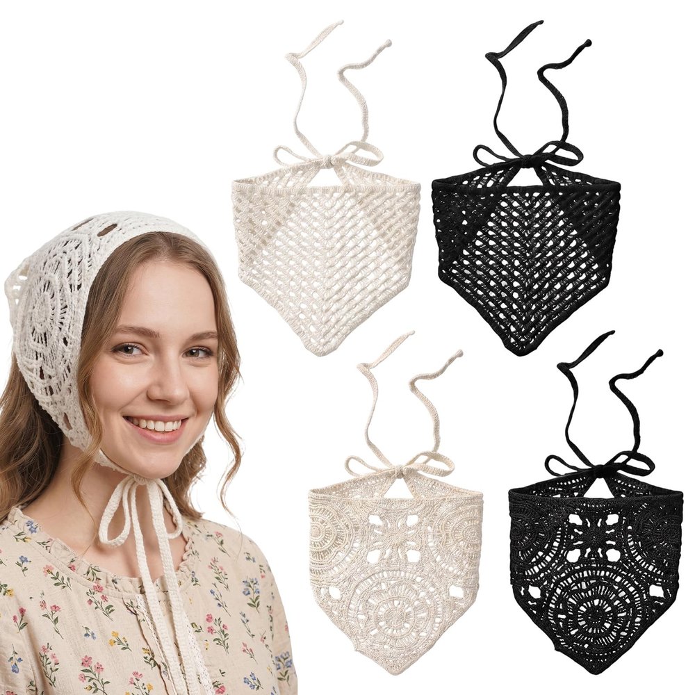 Fosaseua 4Pcs Crochet Head Scarf Boho Hollow Floral Crochet Bandana