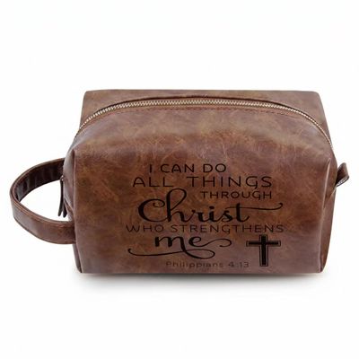 THTCSQ Christian Gifts,Leather Toiletry Bag for Men, Personalized Travel Toiletry Organizer,Bible Verse Faith Religious Birthday Inspirational Gifts (Philippians 4:13)
