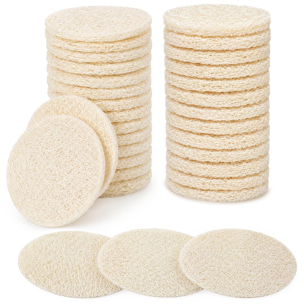 30Pcs Loofah Sponge Pads for Washing Face, Natural Loofah Exfoliating Face Pads Body Scrub Pad Exfoliatings Body Scrub Pad for Bath Shower Skin Cleaning Women Men (2.36 Inch)