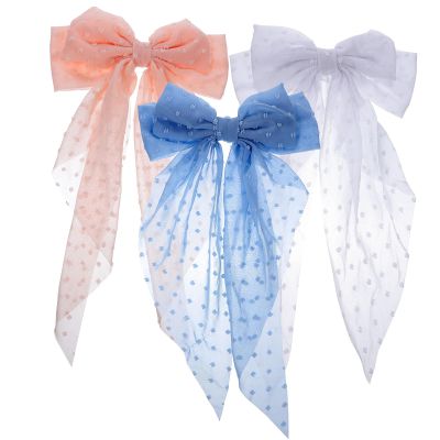 ULTECHNOVO 3pcs Large Hair Bows Spring Barrettes for Thick Hair Women with Long Ribbon Tails Pastel Pink White Blue for Everyday and Party