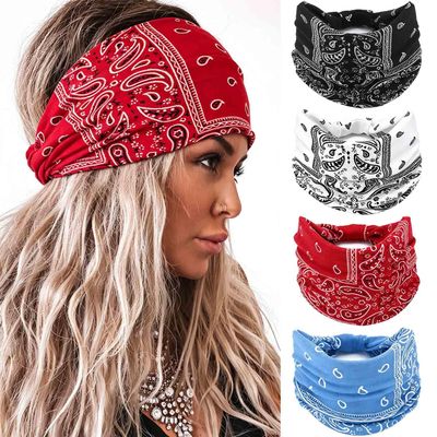 Acenail Wide Boho Headbands for Women Paisley Printed Hair Bands Non Slip Stretch Turban Head Bands Leopard Bandana Hairband Yoga Sport Head Wraps Hair Accessories for Workout 4 Pack (Paisley Printed)