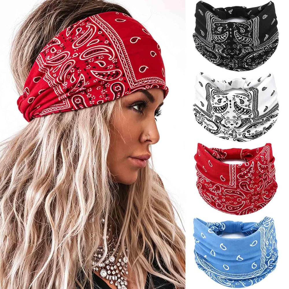 Acenail Wide Boho Headbands for Women Paisley Printed Hair Bands Non Slip Stretch Turban Head Bands Leopard Bandana Hairband Yoga Sport Head Wraps Hair Accessories for Workout 4 Pack (Paisley Printed)