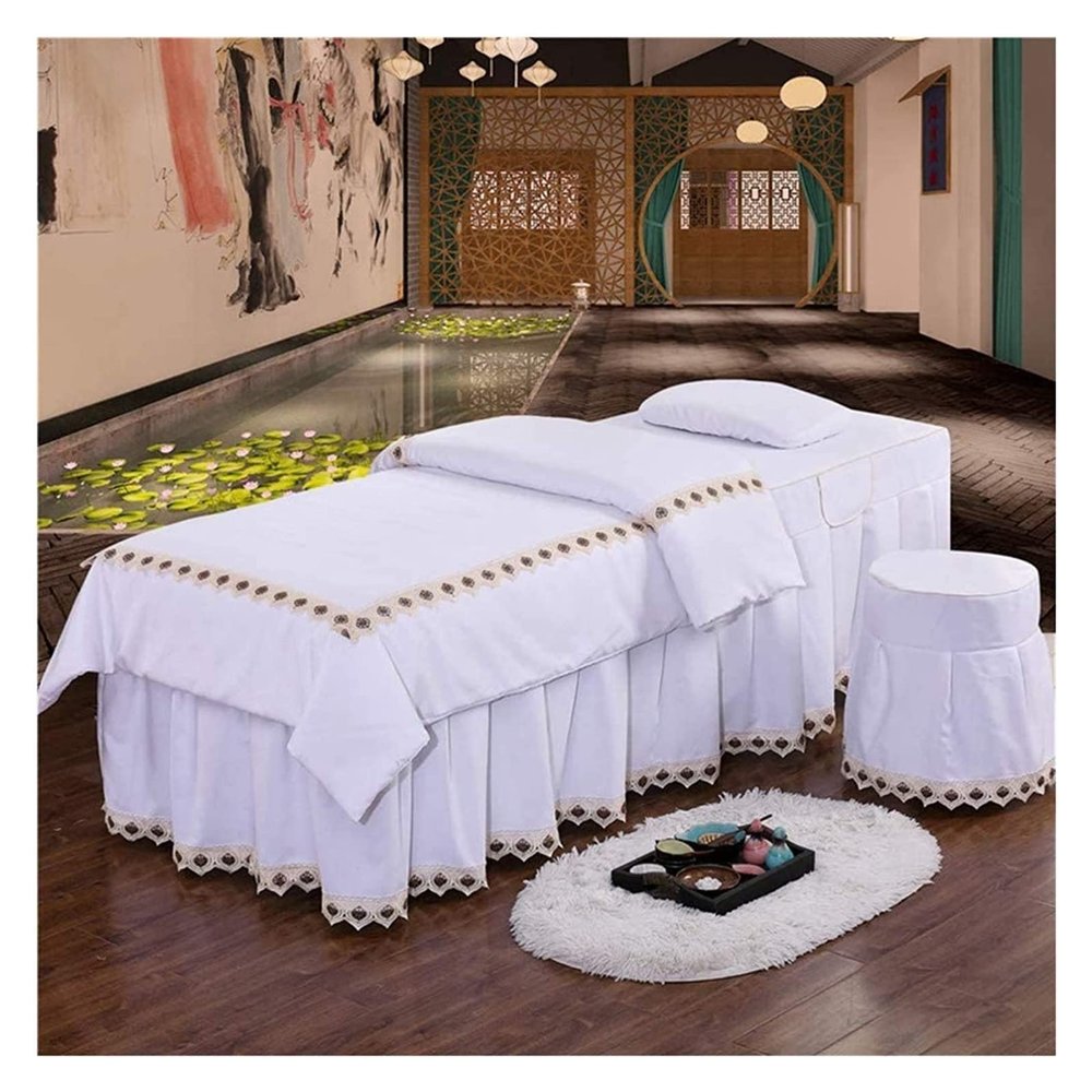 YQBDCKEDU 4Pcs Beauty Salon Bmassage Spa Cover Sets Solid Color Embroidery Beauty Bed Cover 4Pc Soft Bed Skirt Sheet Massage Bed Cover Stool Cover 70X185Cm(28X73Inch)